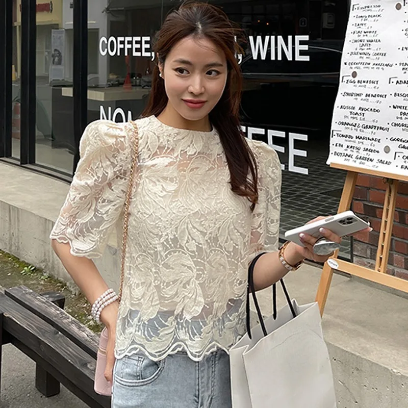 Neploe 2024 Spring New Hollow Out O-neck Tops Women Lace Mbroidery Half Sleeve T-shirts+ Slim Fit Camisole Y2k Two Piece Sets