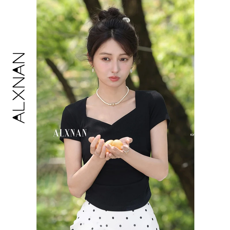 

Женская черная футболка ALXNAN с квадратным вырезом и коротким рукавом, тренд 2026 года, летняя, элегантная, повседневная, приталенная, новинка L55393