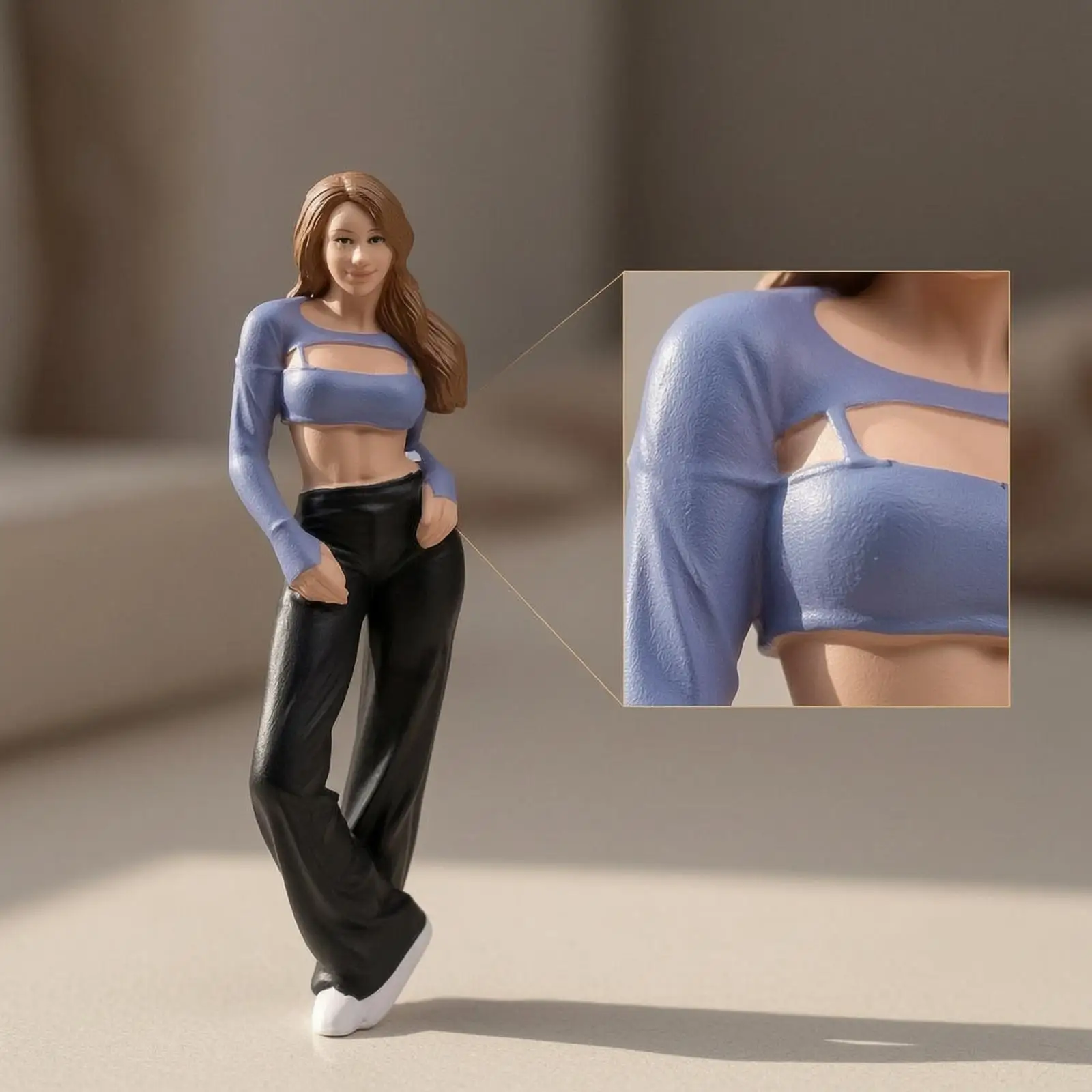 Resin Female Figurine Hand Painted Long Hair Cross Legged Pose for Custom Diorama Shelf Tabletop Decor