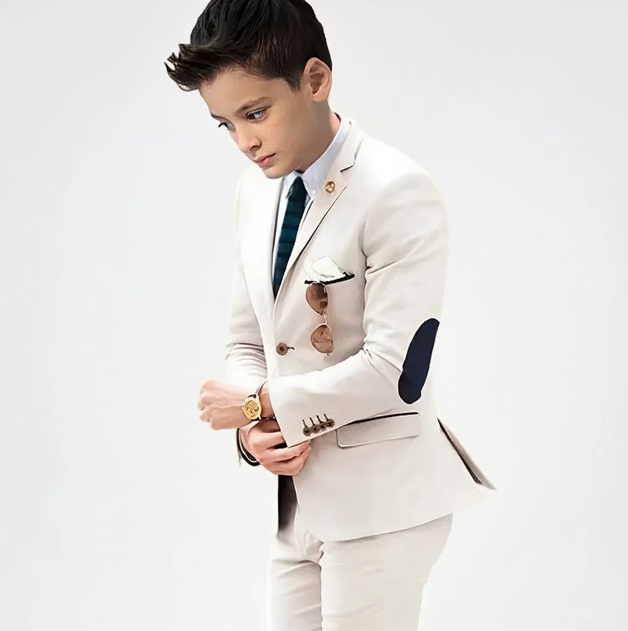Boys' Slim Fit Formal Suit Set for Kids 3-16 Years Elegant Wedding Birthday Outfit with Contrast Elbow Patches