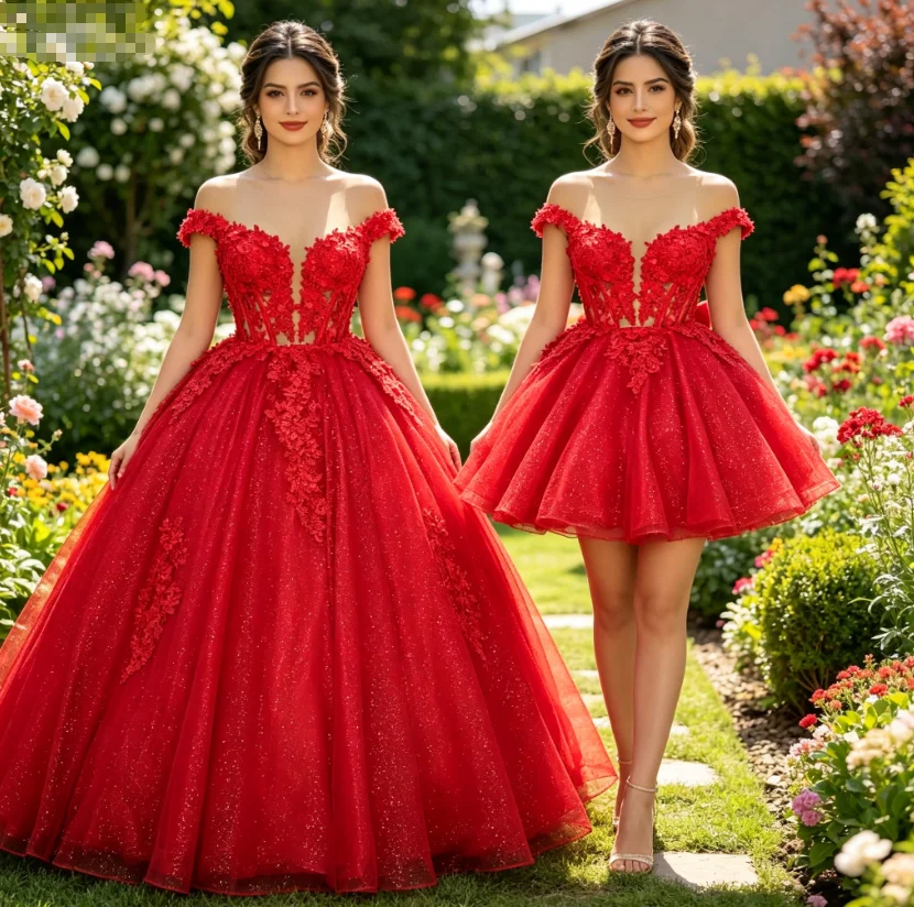 Vestido Conversível 2 em 1 Vermelho para Quinceañera 2025, Vestido de Baile Brilhante com Glitter, Vestido vestido de 15 años quinceañera rojo de Debutante de Renda para 15 Anos, Vestido de 16 Anos
