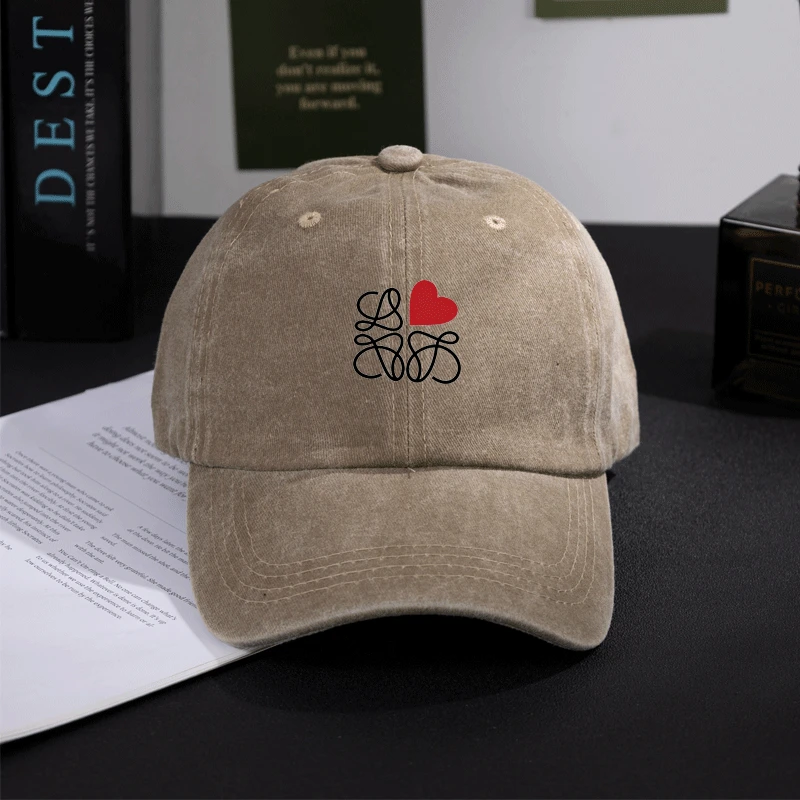 Washed Distressed Baseball Cap Men Women Cotton Vintage Dad Hat Heart Icon Line Art Heat Transfer Print Low Profile Curved Brim