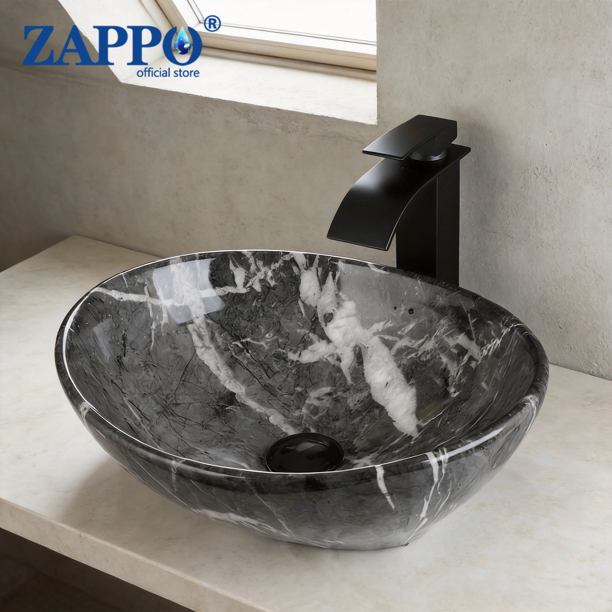 ZAPPO Marble Pattern Ceramic Vessel Sink Set Oval Bathroom Countertop Wash Basin with Faucet Combo Bathroom Vanity Sink Bowl Set