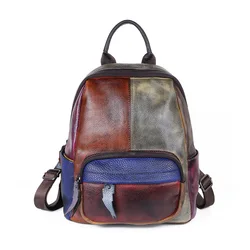 Vintage Patchwork Real Leather Women Backpacks Travel Shoulder Bags School Pack Retro Color Plaid Functional Pockets Knapsack
