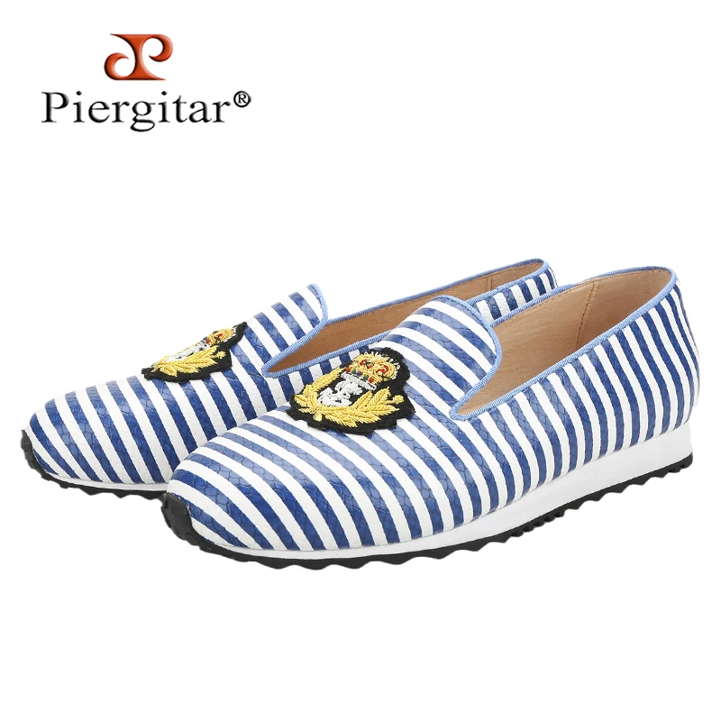 Piergitar Royal Blue And White Stripes Calfskin Men Active Sneakers With Handmade Royalty Patterns Silk Patch Panda Colors Sole