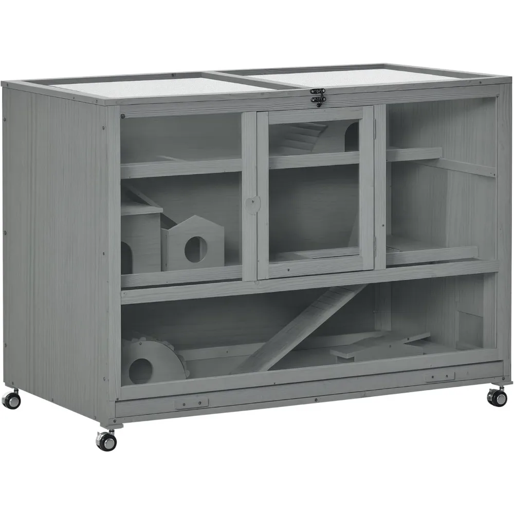 

Wooden Large Hamster Cage with Seesaw and Wheels, Small Animal Cage and Habitat, 3-Tier Hamster Habitat with Ladder, Dark