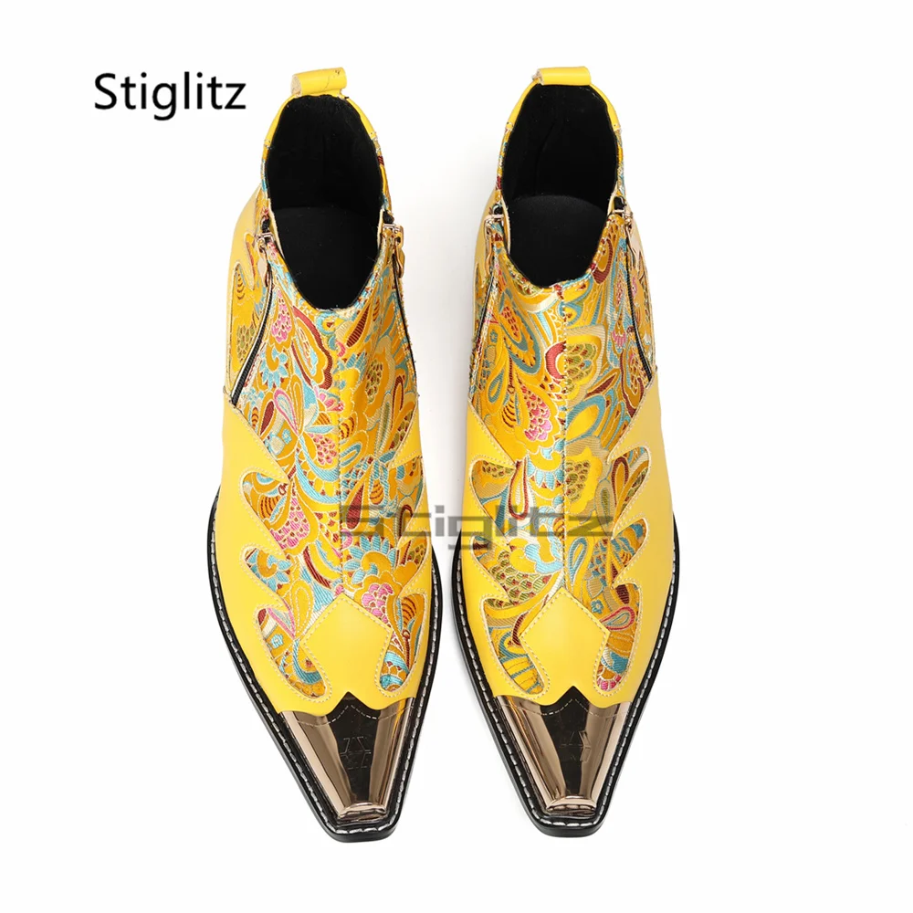 Yellow Embroidery Chelsea Boots for Men Genuine Leather Metal Pointed Toe Zipper Ankle Boots Low Heel Party Dress Male Shoes