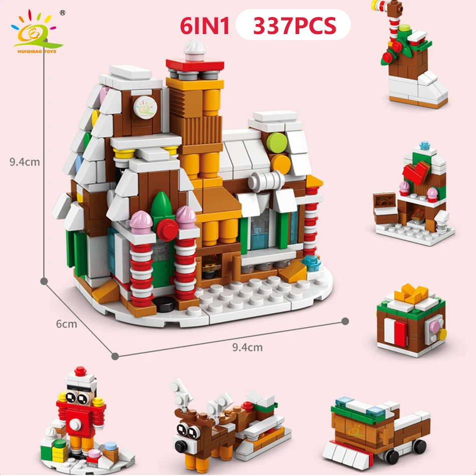 HUIQIBAO 6IN1 Kerst Elanden Herten Kerstman Bouwstenen Stad Sneeuw Huis Kerstboom Bricks Set Speelgoed voor Kinderen Kids Gift