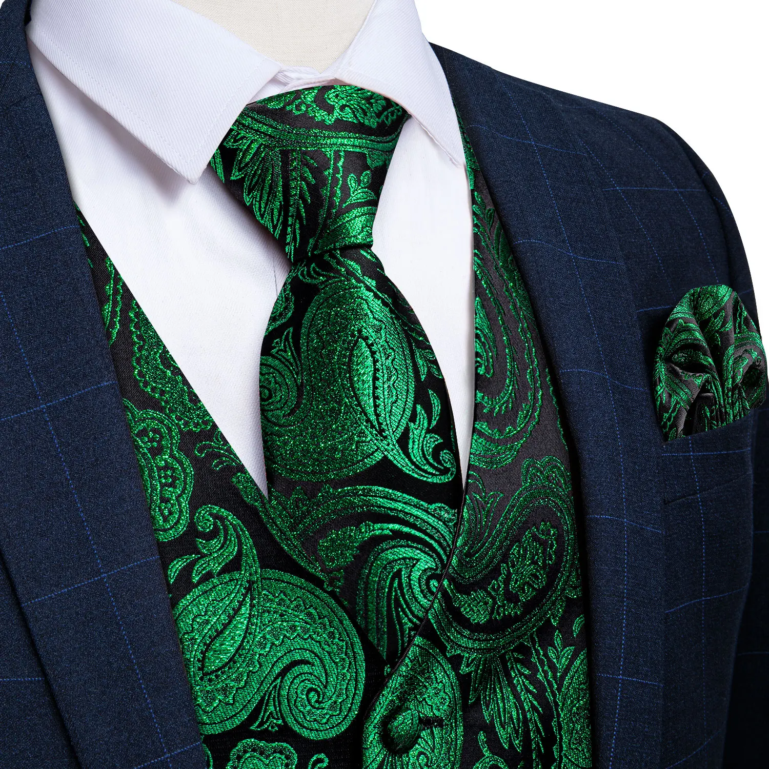 Fashion Green Paisley Vest for Man Business Festival Dress Fit Men\'s Waistcoat Luxury Silk Necktie Pocket Square Cufflinks Ring