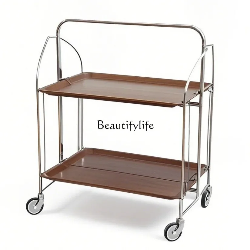 

ls 51Stainless steel wood grain cart antique movable side rack bedside table