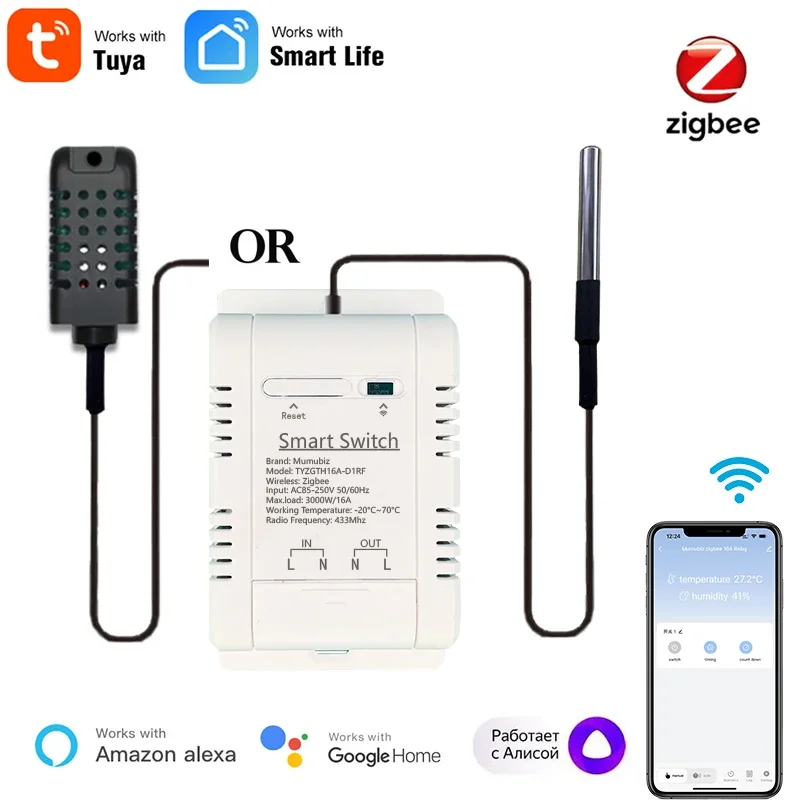 Przełącznik Mumubiz Tuya Zigbee z czujnikiem temperatury i wilgotności, inteligentny termostat 16A 3000W TH16 monitorowanie danych kompatybilny z Alexa