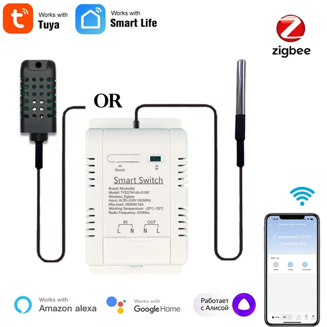 Przełącznik Mumubiz Tuya Zigbee z czujnikiem temperatury i wilgotności, inteligentny termostat 16A 3000W TH16 monitorowanie danych kompatybilny z Alexa