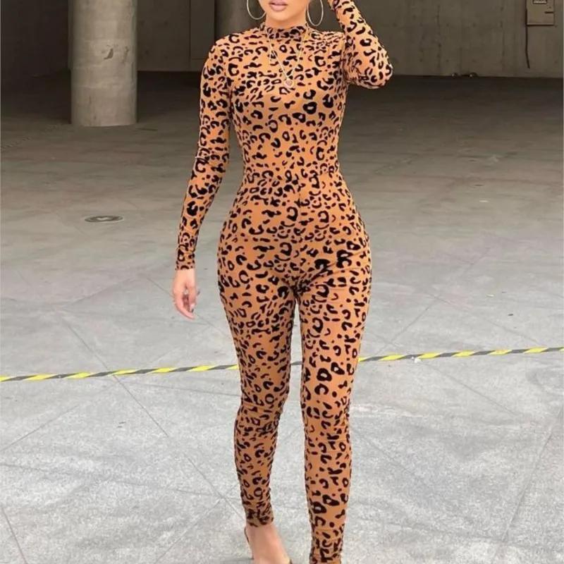 레오파드 프린트 신상 여성 점프수트 슬림 긴팔 섹시 플로킹 시스루 슬리밍 점프수트 여성용