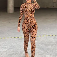 Leopard Print New Women's Jumpsuit Slim Long-sleeved Sexy Flocked See-through Slimming Jumpsuits For Woman Комбинезон Женский 2