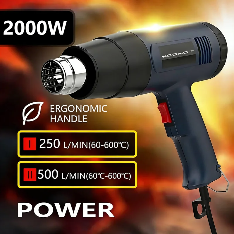 Construction Heat Gun / Industrial Heat Gun / Stepless Thermostat / 2000W / Manual Adjustment, 4 Nozzles with Display. 2kW.