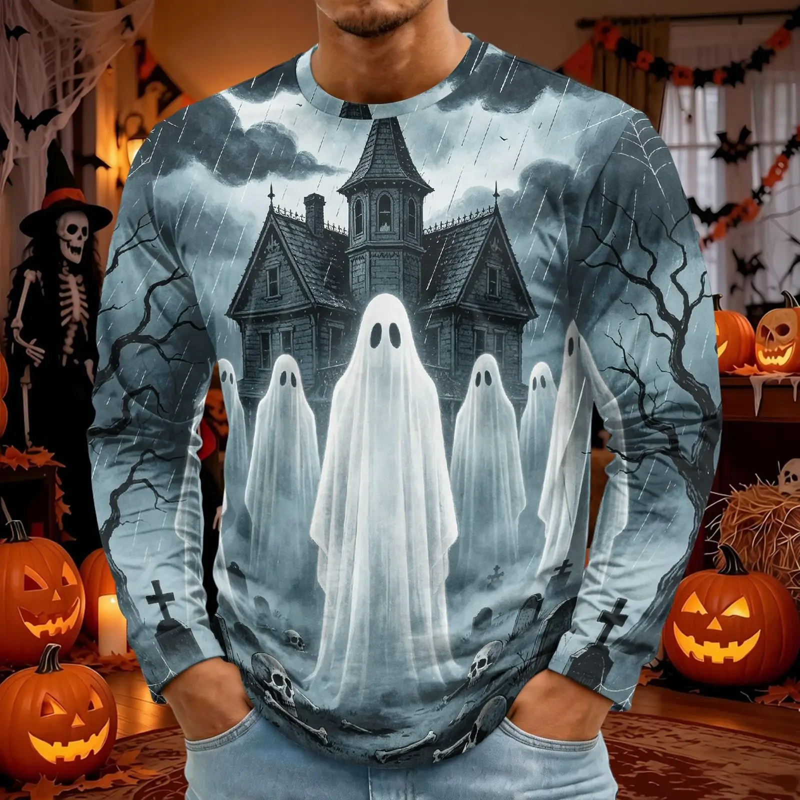 Men Long Sleeve T Shirt Halloween Haunted House Ghost Pumpkin Spider Web 3D Print Casual Daily Party Tops