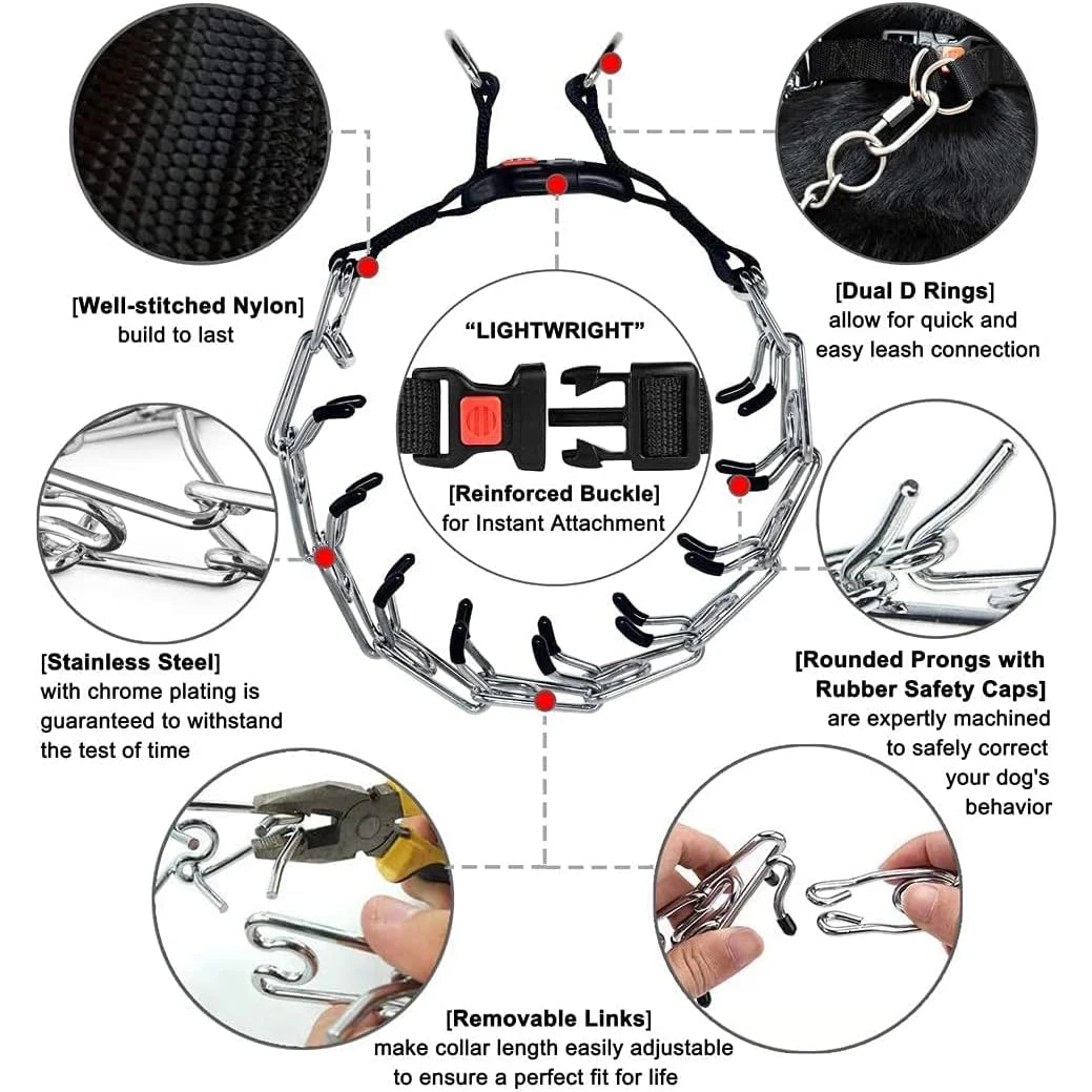 Dog Prong Training Collar with Quick Release Buckle, Adjustable Stainless Steel Pinch Collar for Dogs, Nylon Protective Sleeve