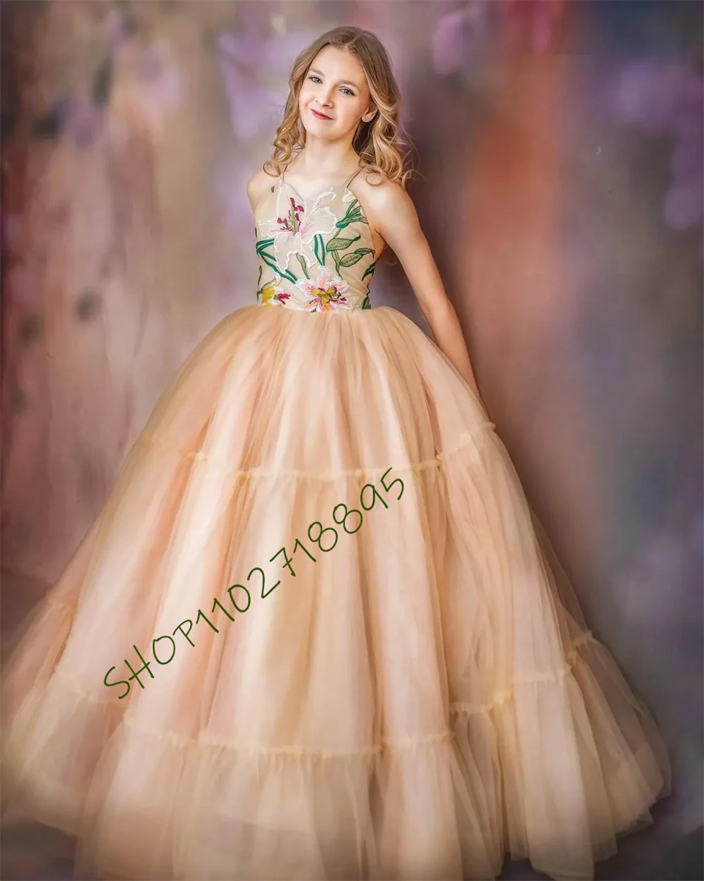 Fee Blumen mädchen Kleid Spaghetti träger Stickerei Blumen appqulies Vintage Prinzessin eine Linie flauschigen Rock Kleid Kinder