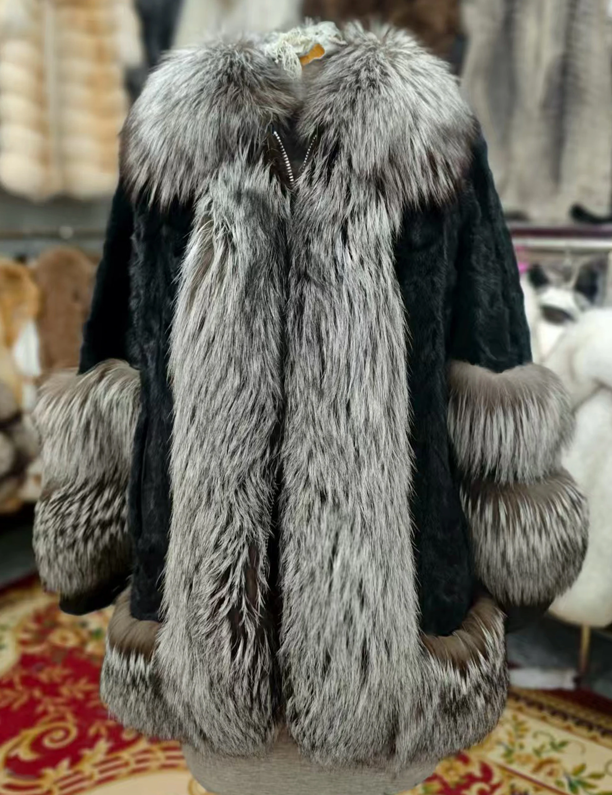 큰 여우 모피 칼라 밑단이있는 진짜 밍크 모피 코트 숙녀 겨울 자켓 럭셔리 streetwear