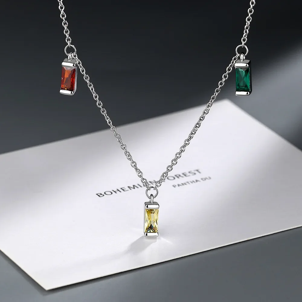 S925 Sterling Silver Electroplated 18k Gold Square Color Zircon Clavicle Chain Women's Simple Necklace (40cm+5.0cm)