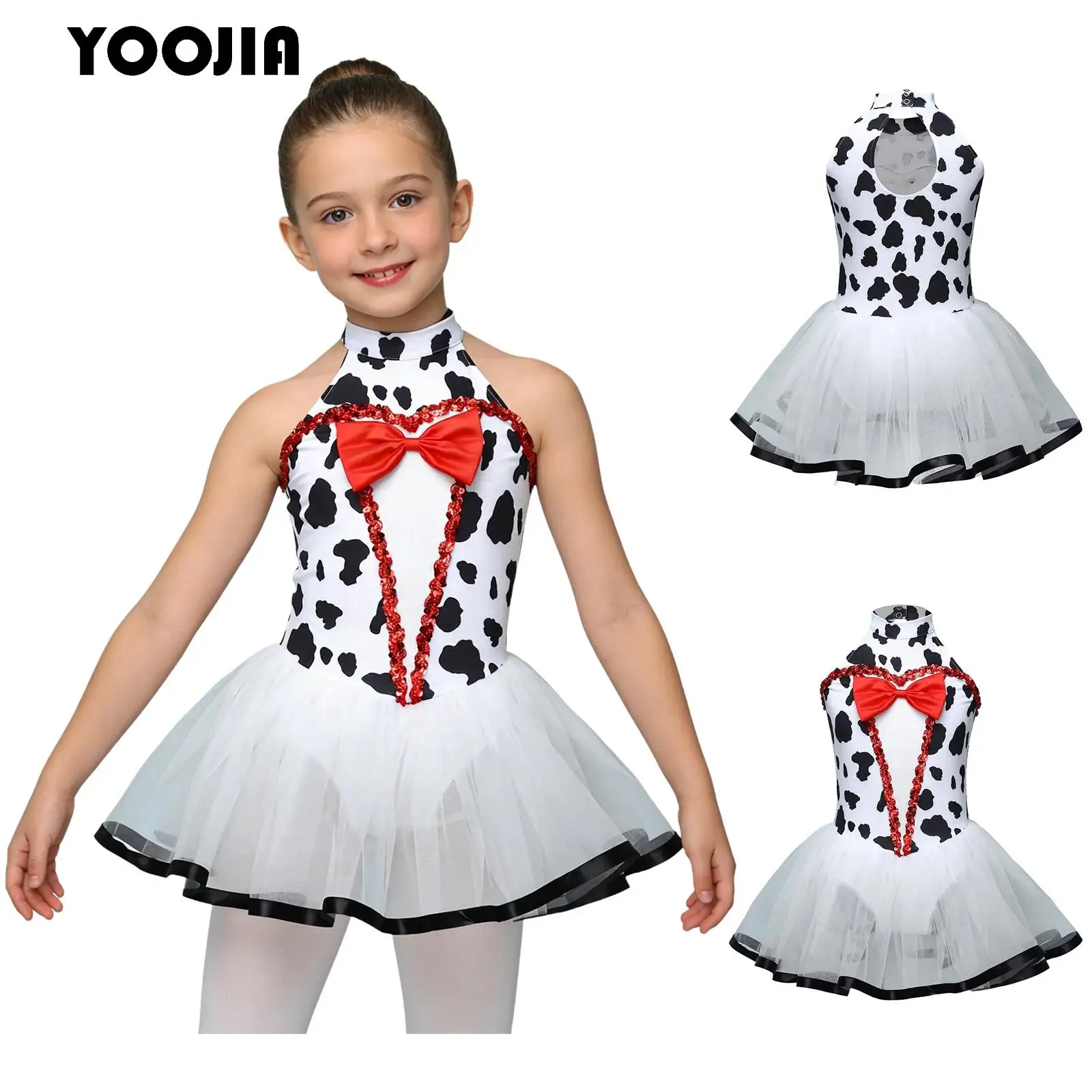 

Dalmatian Costume for Kids Girls Sleeveless Sequin Bowknot Mesh Puffy Dress Halloween Black Spotted Ballet Leotard Dress Cosplay