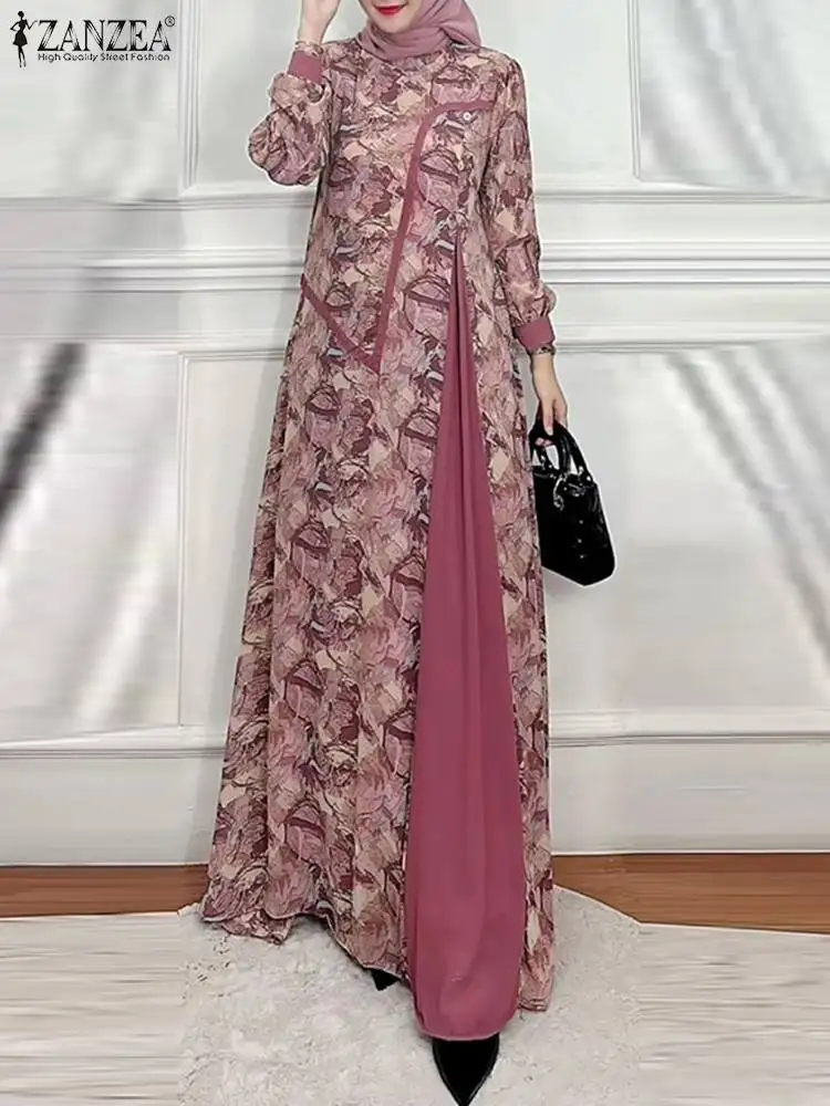 

ZANZEA Women Elegant Floral Printed Maxi Dress Muslim Abaya Robe Femme Spring Long Sleeve Patchwork Sundress Bohemain Vestidos