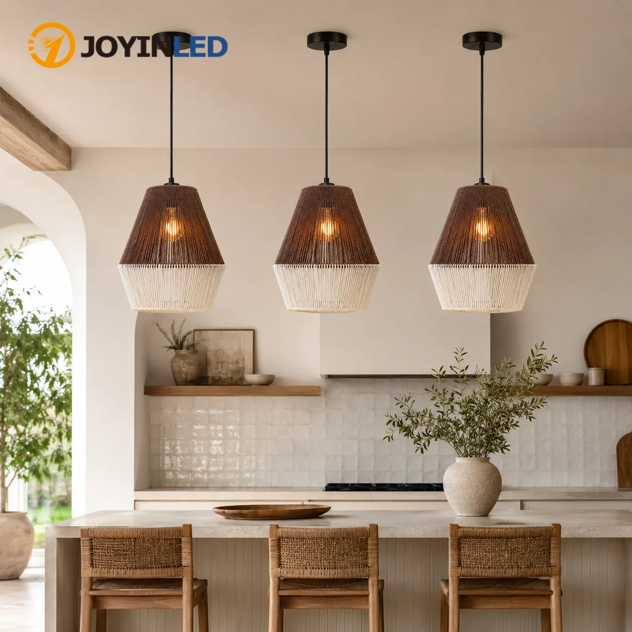 JOYINLED 1/2/3pcs 2-Tone Handwoven Paper Rope Pendant Light E27 Handwoven Boho Rattan Hanging Lamp Kitchen Dining Room Bedroom