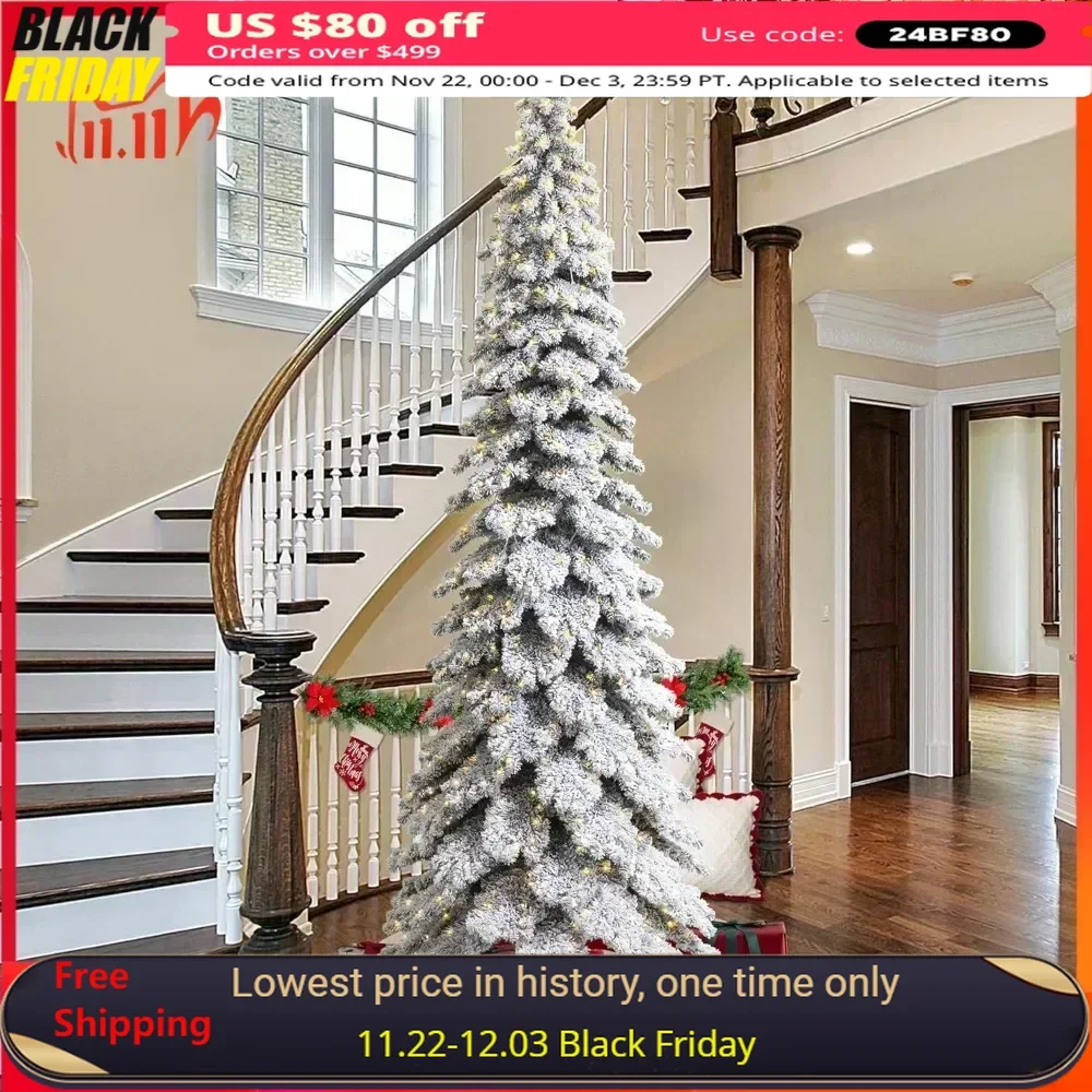 12ft Artificial Christmas Tree,Pre-Lit Flocked Layered Slim Spruce  with 900 Warm White Lights, Three Function,Christmas Trees