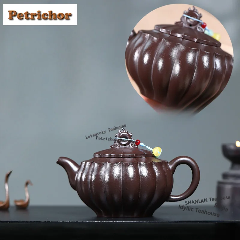 350ml Elegant Yixing Purple Clay Teapots Handmade Rib Pot Raw Ore Purple Mud Tea Soaking Kettle With Strainer Zisha Tea Set Gift