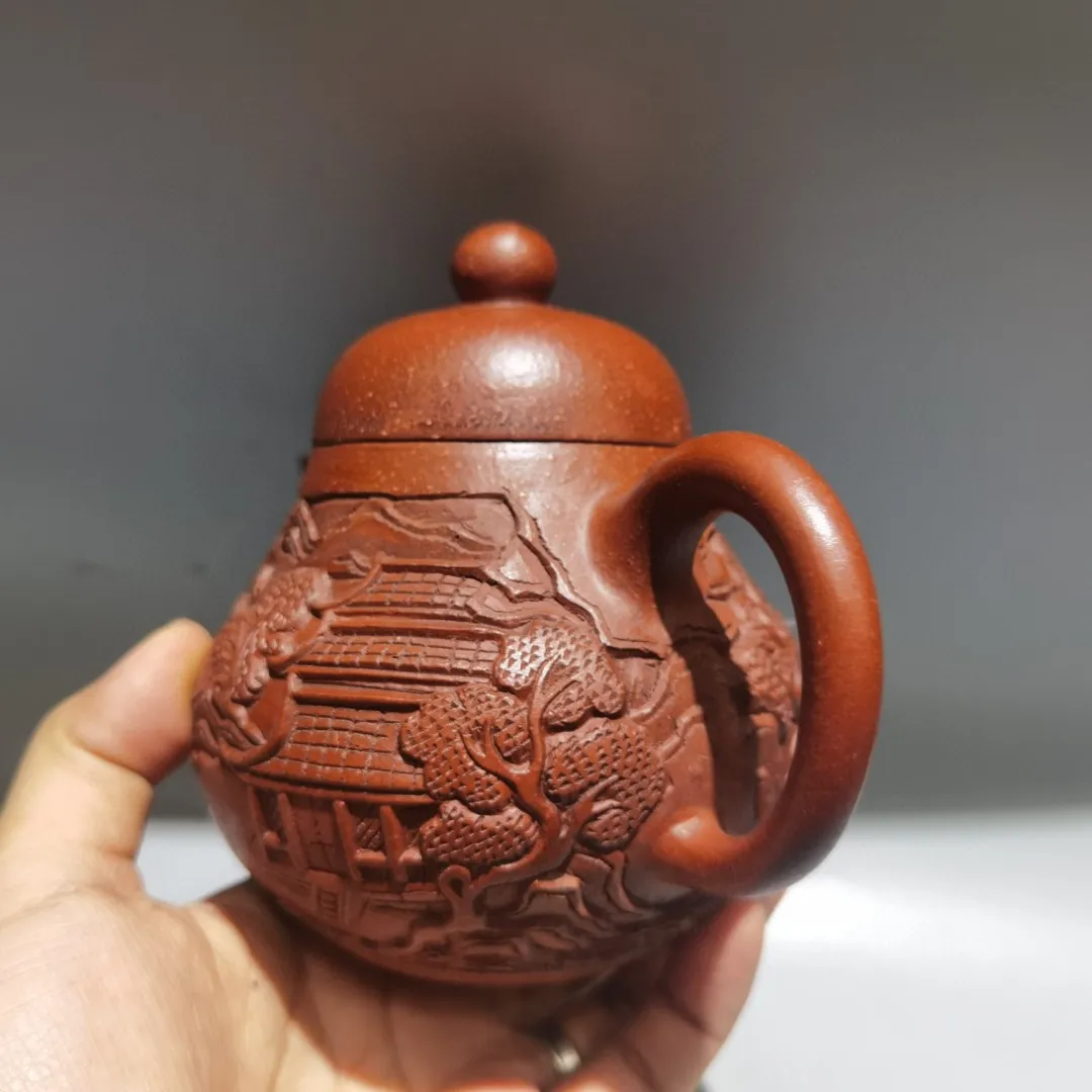 7 "الصينية ييشينغ الأرجواني وعاء الطين كيرين تمثال ورقة منقوشة إبريق الشاي غلاية إبريق الشاي الإبريق جمع ثروة الحلي تاون هاوس