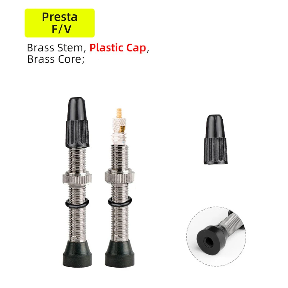 2Pcs Tubeless Presta Valve Stem Kit, 40mm 44mm Presta Pair - Brass Made Round Rubber Base with O-Ring for Better Sealing