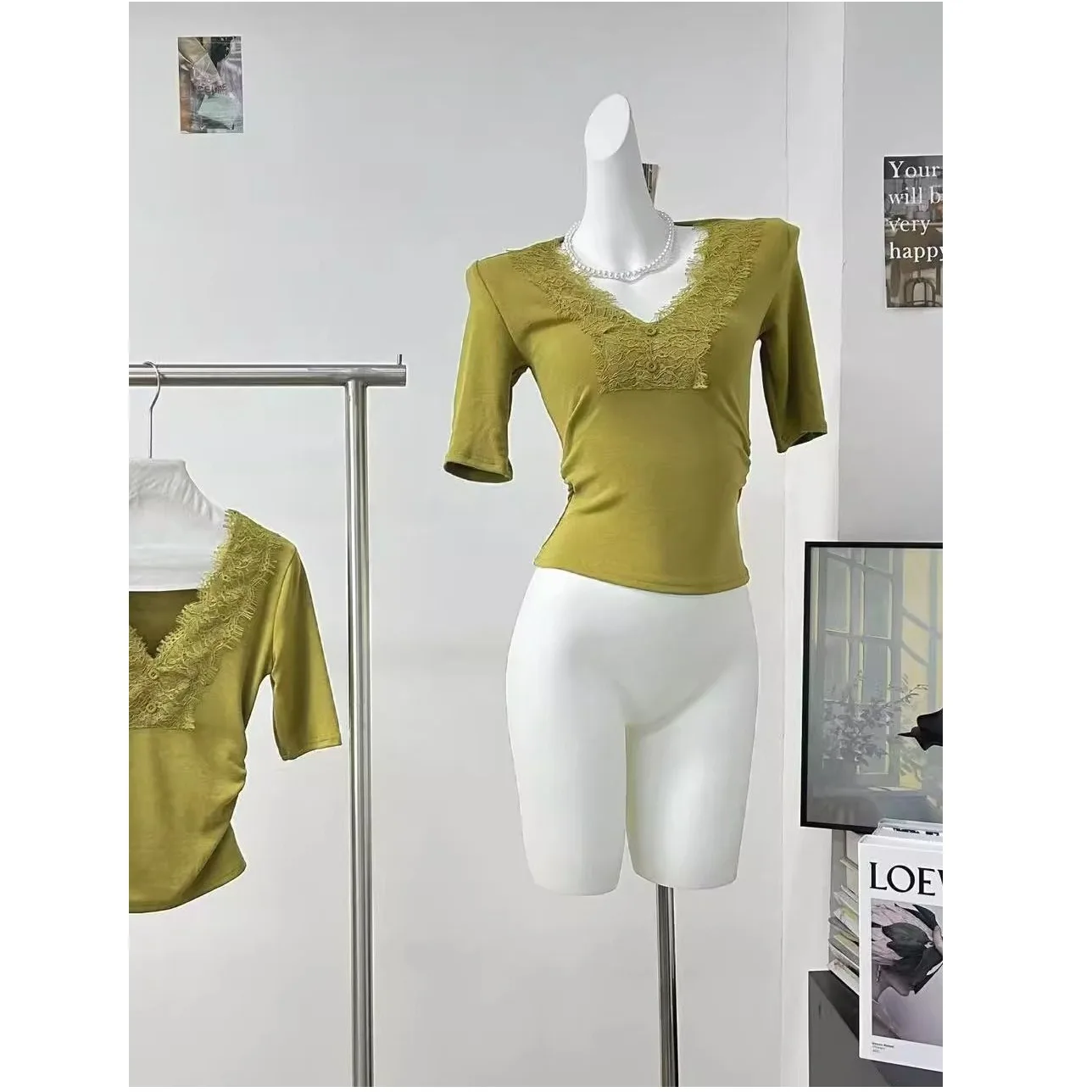 

Ele Pure Color Футболка женская V-Ne Lace Splice ort Sve Slim Fit Base irt Летняя новинка Sle Повседневная одежда на каждый день