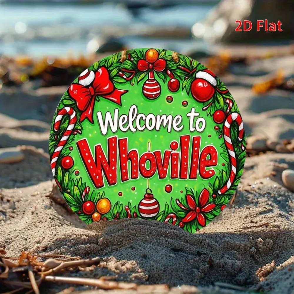 قطعة واحدة - مرحبًا بكم في لافتة حديدية مستديرة ذات طابع Whoville مقاس 7، 8 بوصات - ديكور عيد الميلاد الاحتفالي مع بيت خبز الزنجبيل وصب الحلوى والحلي