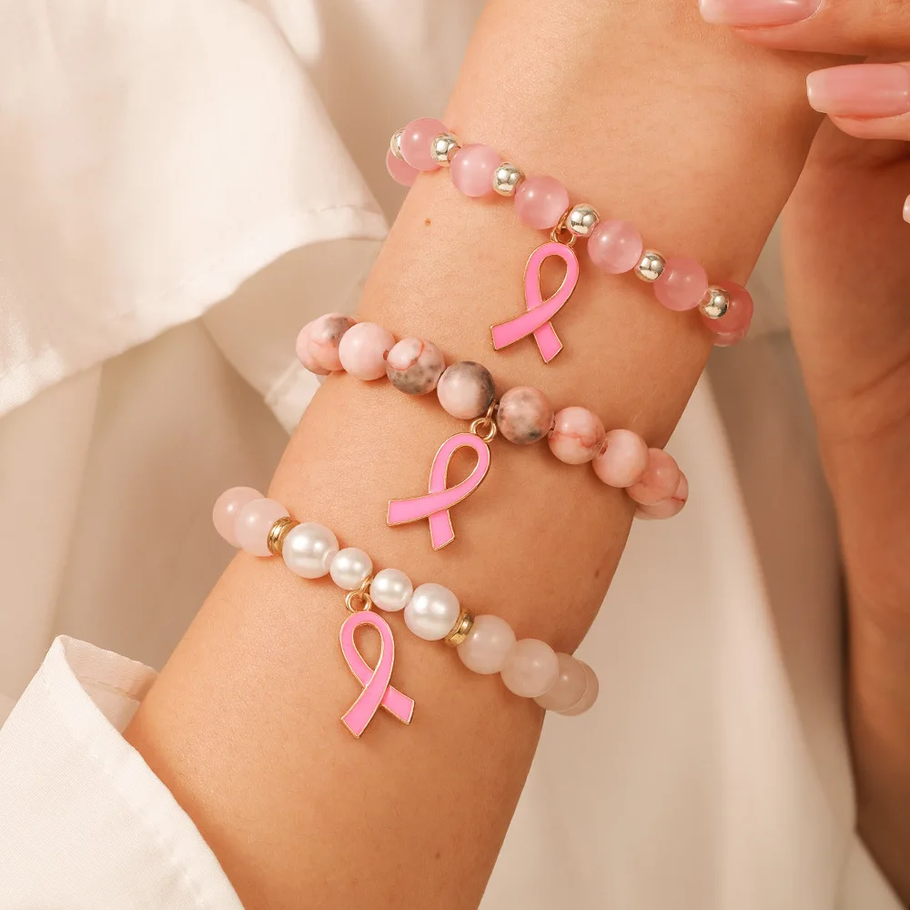 Cancer Survivor Gifts Party Favors - Natural Stone Beaded Breast Cancer Awareness Bracelets Set - 3 Pack Pink Ribbon Bracelets