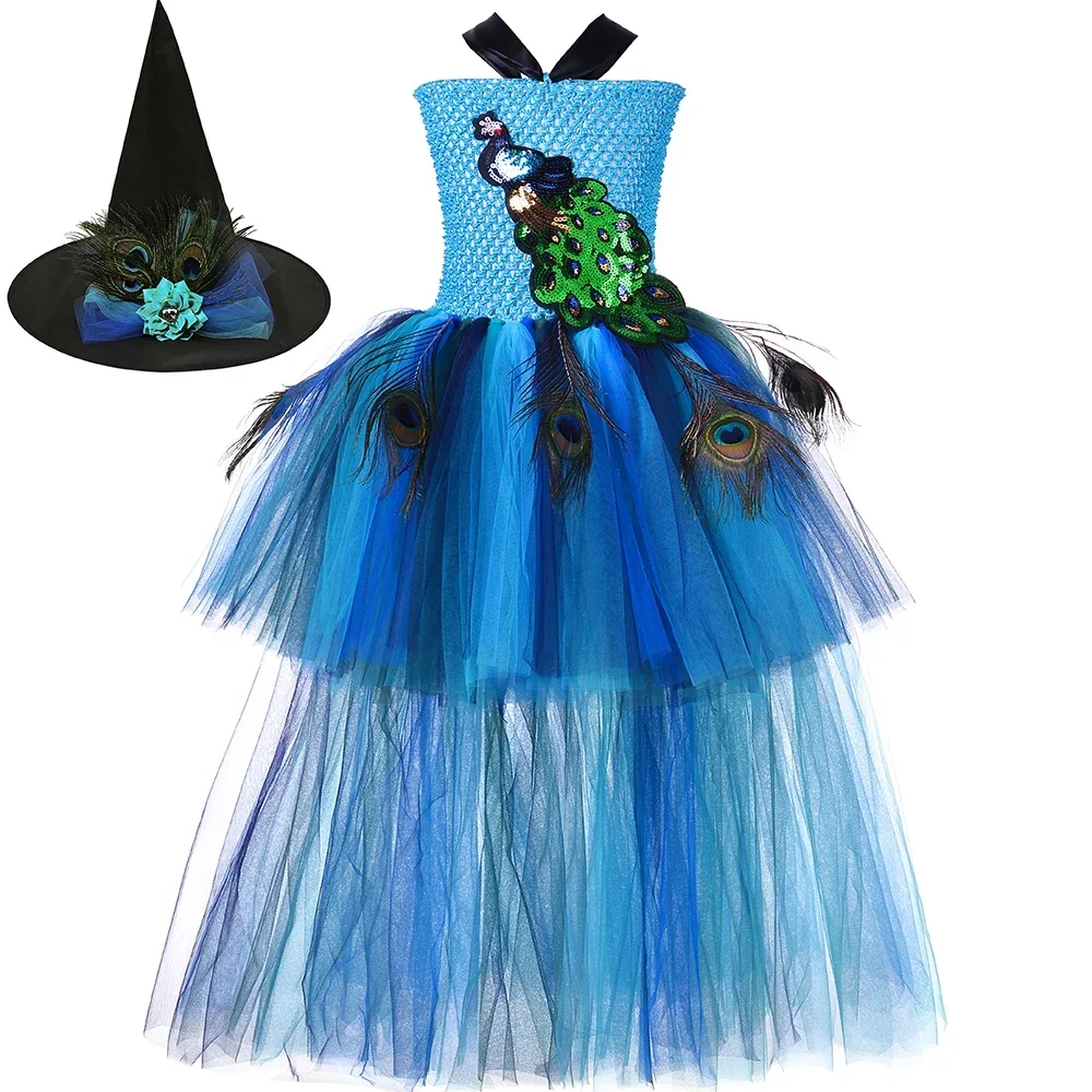 Flower Feathers Princess Peacock Costume for Girls Birthday Party Tutu Dress High Low Blue Kids Tulle Dresses Pageant Ball Gown