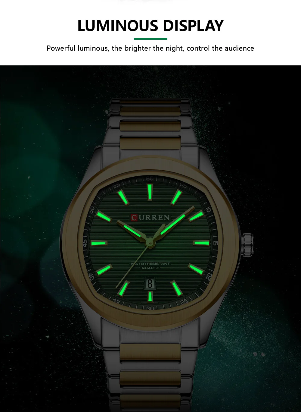CURREN Modische Minimalistische Quarzuhr für Herren Zweifarbiges Edelstahlarmband Luxus-Armbanduhren mit Leuchtzeigern – Detail 5