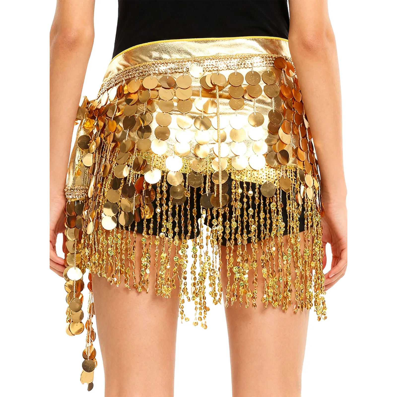 メタリック光沢のある女性用ベリーダンスヒップスカーフ、スパンコールタッセル付き、セルフタイイングラップスカート、ティアードフリンジウエストチェーン、ベリーダンスコスチューム