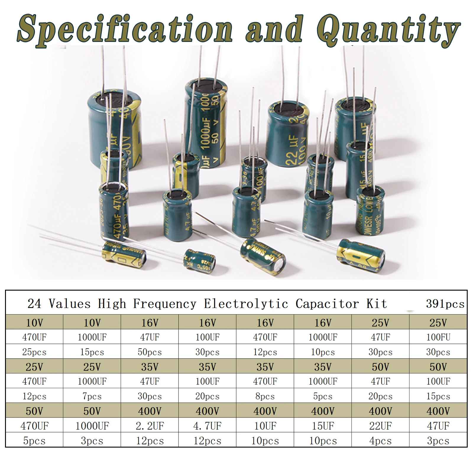 391pcs High Frequency Electrolytic Capacitor Kit 24 Values 10V 16V 25V 35V 50V 400V for TV, LCD Monitor, Game