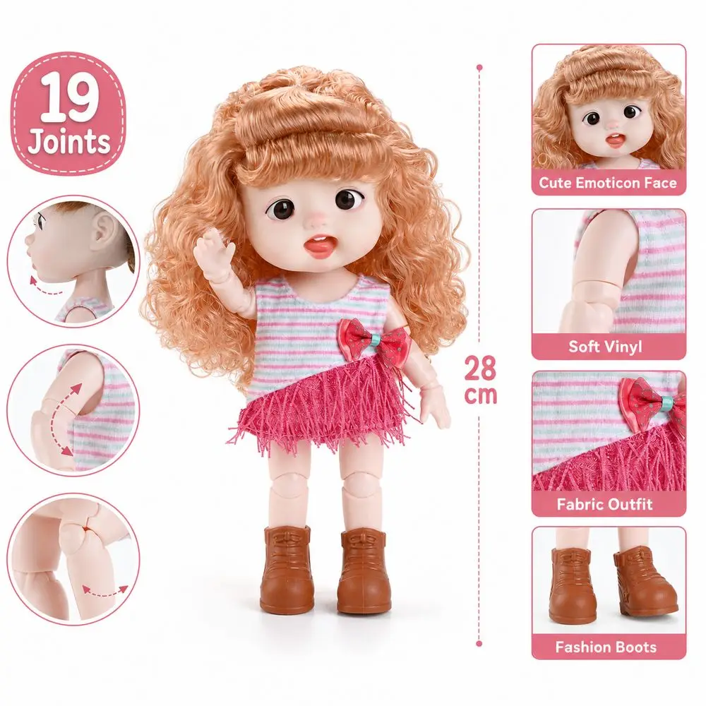 28cm 1/6 Scale Multi Joint Doll Cute Emoticon Face 19 Joints Movable Cute Emoticon Doll Dress-Up Feature Fashionable Baby Doll