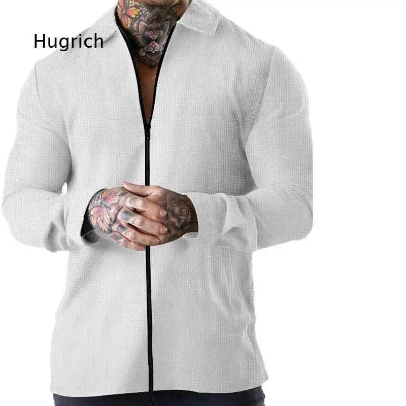 Men's Zip Up Long Sleeve Shirt Casual Waffle Textured Button Collar Top Slim Fit Outerwear For Daily Streetwear Weekend