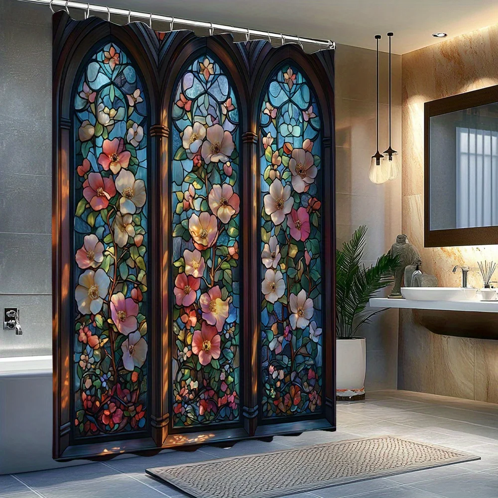 1pc Floral Stained Glass Shower Curtain Elegant Flower Pattern Vintage Bathroom Decor Polyester Fabric Bath Hanging Curtain Set