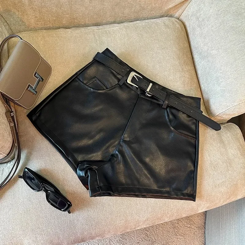 American Retro Leopard Print Shorts Women's Spring Autumn Fashion High Waist Casual Pants A-Line Hip Cover PU Leather Pants