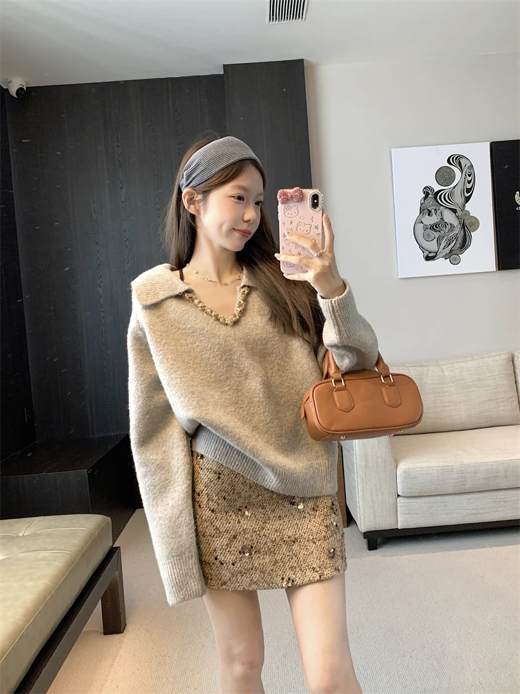 Simple Basic แฟชั่น Street ผู้หญิง Pullovers ภาษาฝรั่งเศสคําใหม่สีทึบ Casual ผู้หญิง Pullovers สีข้าวโอ๊ตสีเทาสีแดงสีม่วงถัก Top