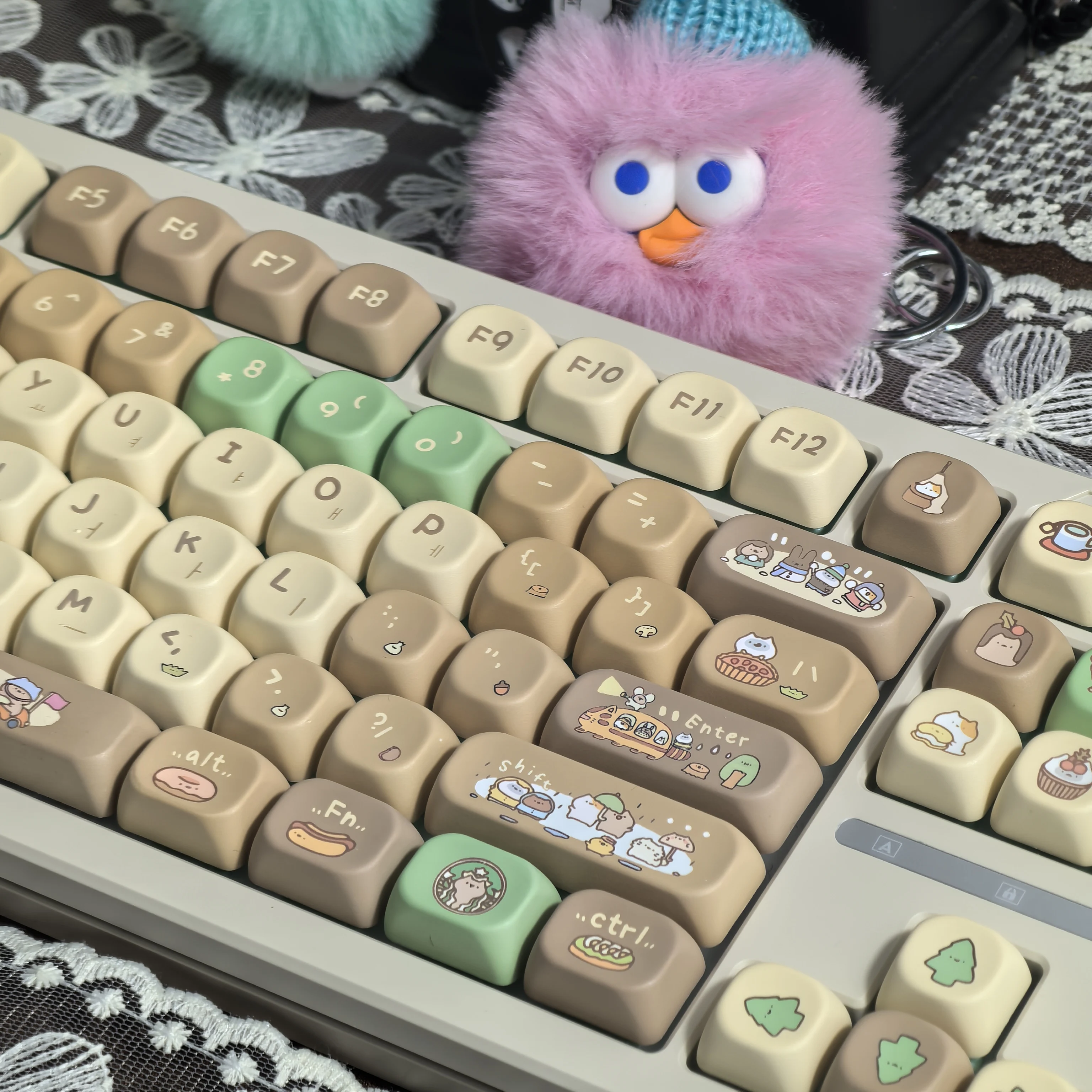 Imagem -03 - Teclado Mecânico Retro dos Desenhos Animados Keycap Castanho Verde ru Koeran Leite de Feijão de Cacau Cute Khaki Pbt Moa 127 Teclas Faça Você Mesmo Russo