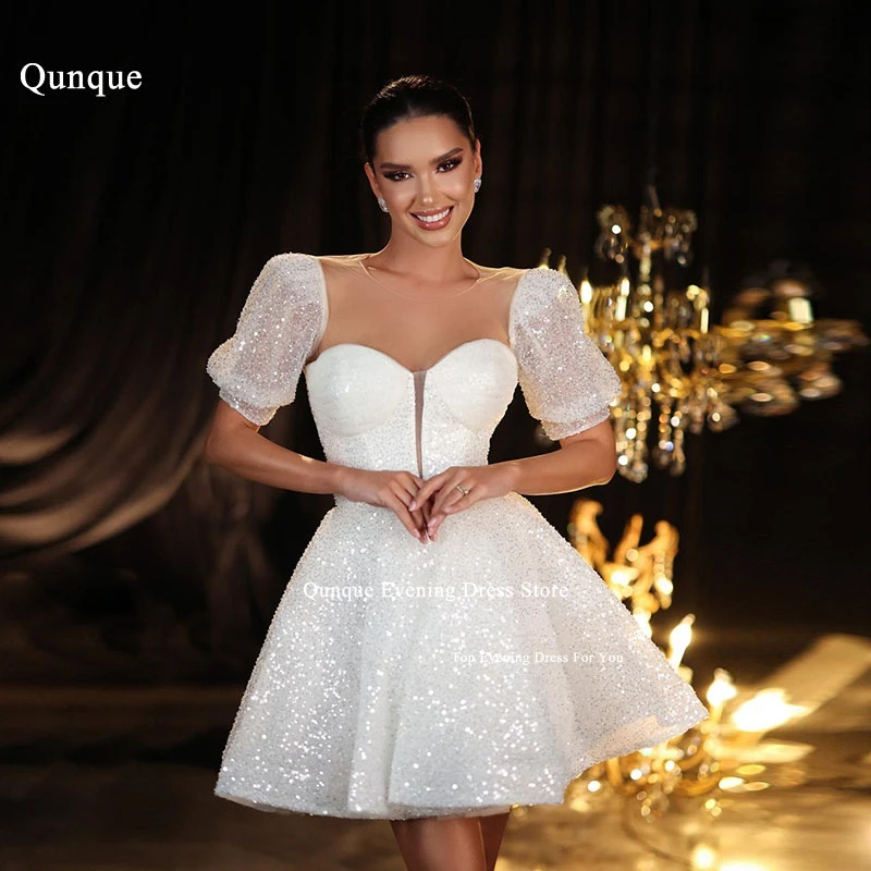 

Qunque Glitter Sequins Mini Wedding Dress Robes De Mariée Plus Size Detachable Short Sleeves Bridal Gowns Vestido De Casamento