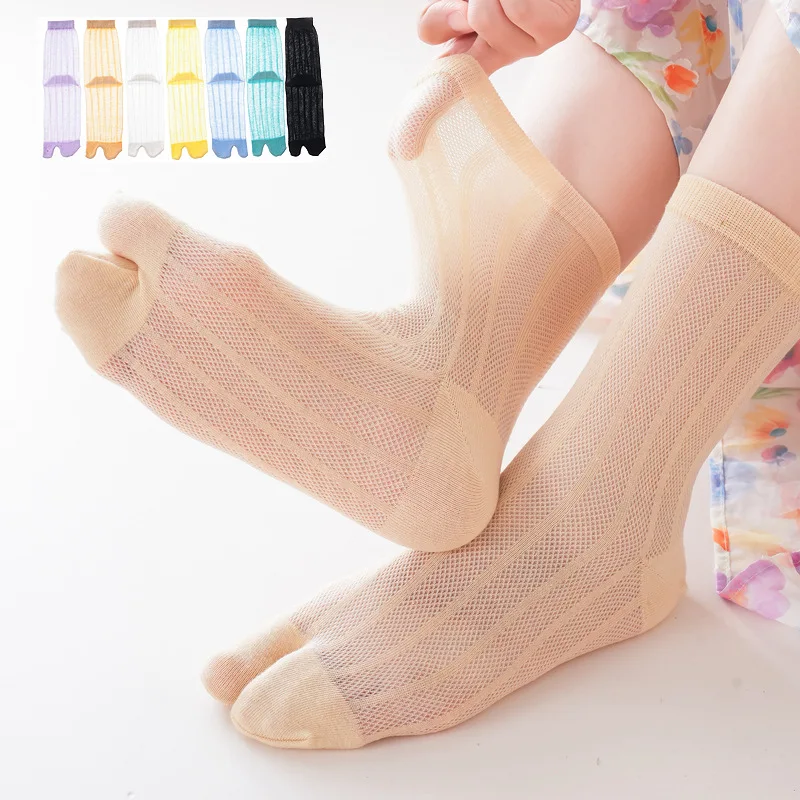 

5 Pairs Cotton Summer Mesh Tabi Socks Solid Color Thin Two Finger Socks Japanese Fashion Breathable 2 Toed Long Flip Flop Sock