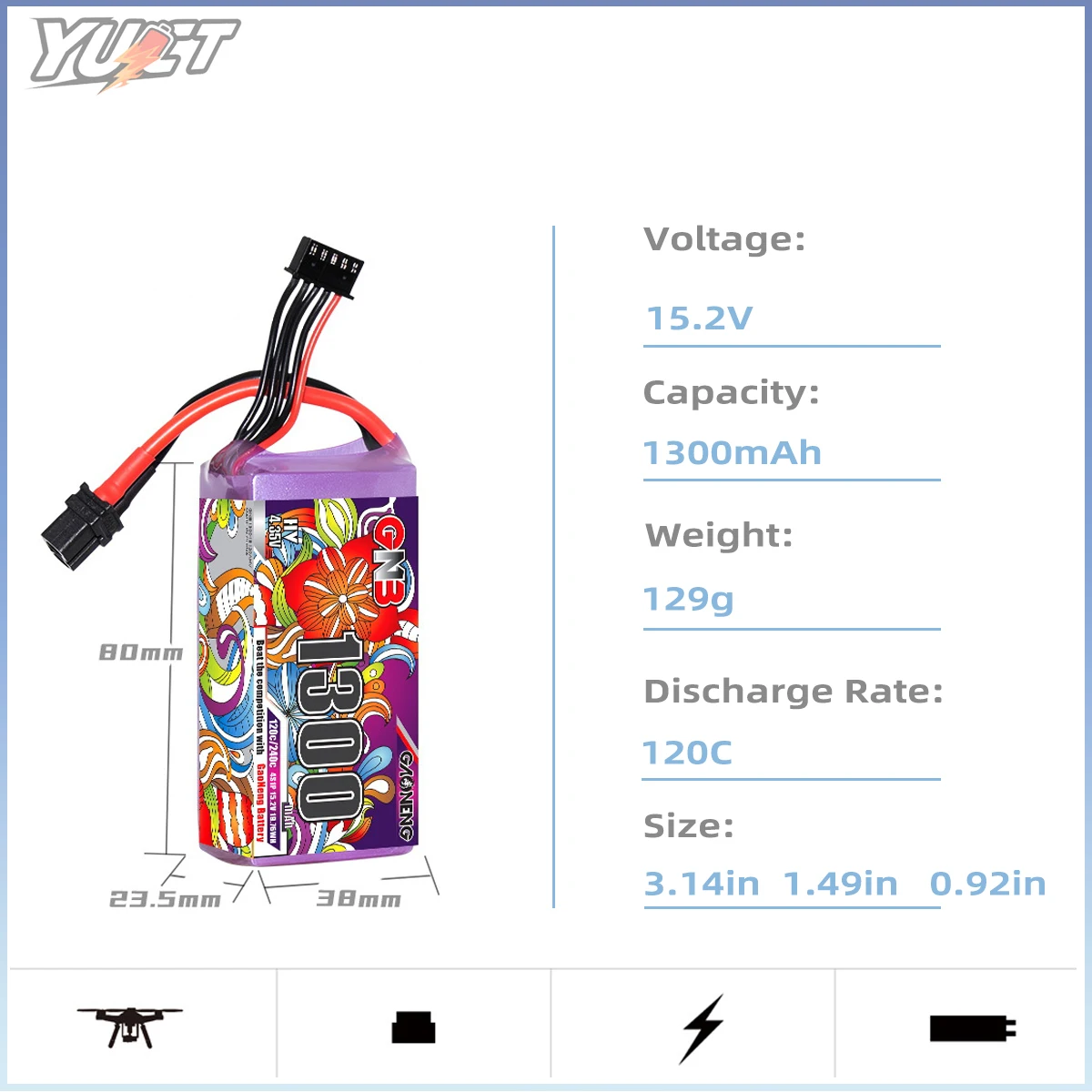 YUCT GNB 4S XT60 LiHV 15.2V 1300mAh 120C/Max240C LiPo แบตเตอรี่สําหรับ RC FPV Drone Quadcopter เครื่องบินเฮลิคอปเตอร์ Racing Part Hobby