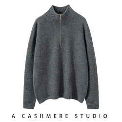 High-quality Autumn Winter Women's 100% Cashmere Sweater Half High Collar Fashion Thicken Tops Female Loose Solid Knit Pullover