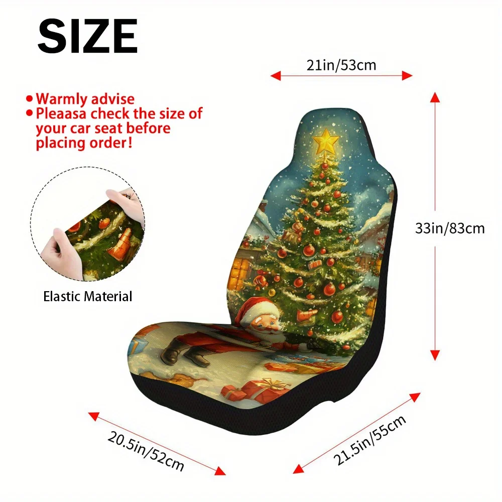 2pcs Car Seat Covers Set, G And Nostalgic Holiday Ambiance. The Composition Is Balanced, With The Tree And Santa Forming The Ce