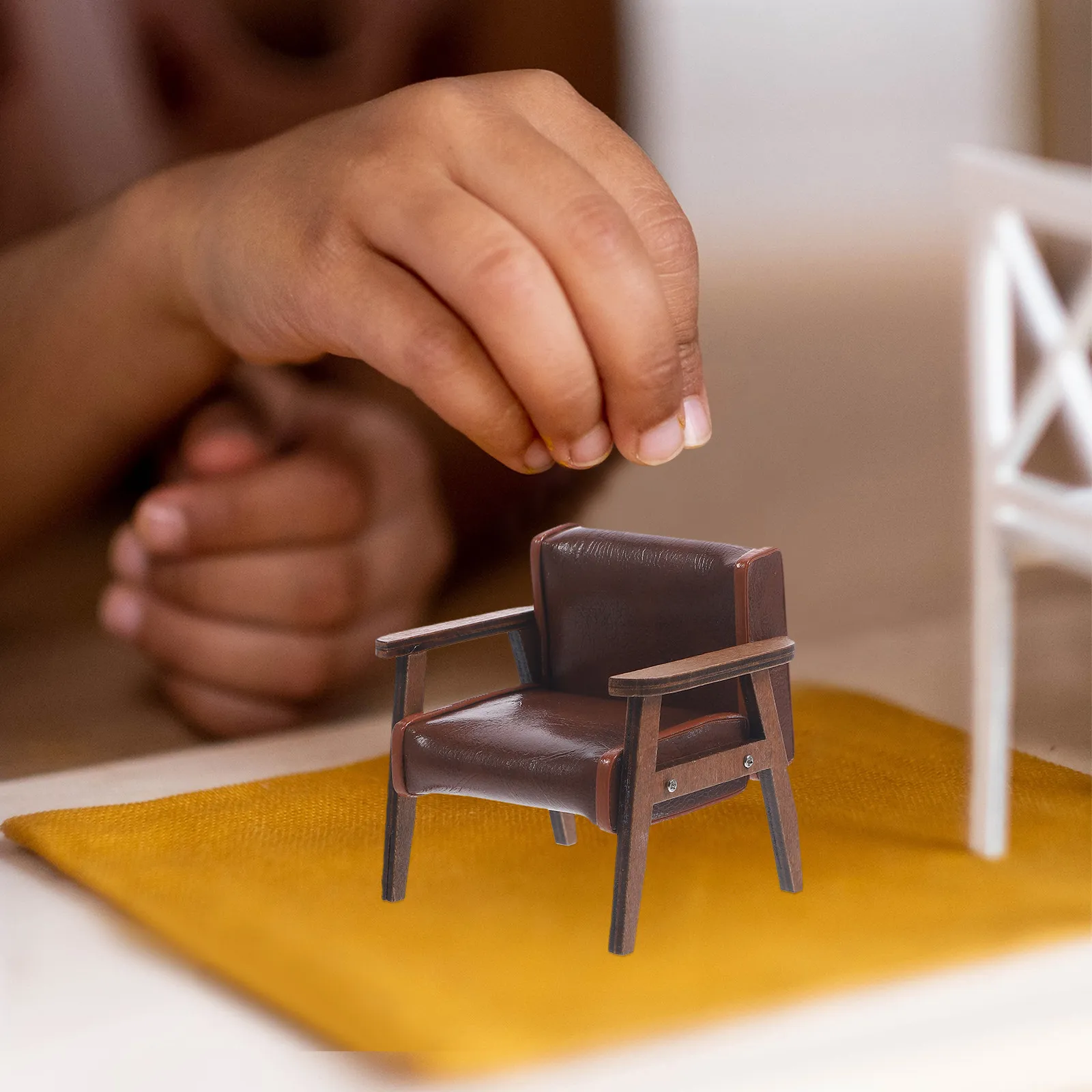 

Realistic Miniature Armchair Wood and PU Construction Fine Craftsmanship Mini House Decoration Desktop Mini Furniture